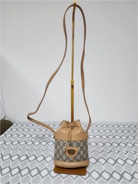 Authentic GUCCI Vintage Monogram Canvas Mini Drawstring Bucket Bag Brown/Beige